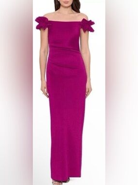 XSCAPE Long Ruffled Off-The-Shoulder Gown in Orchid Size 16W. New with Tags.